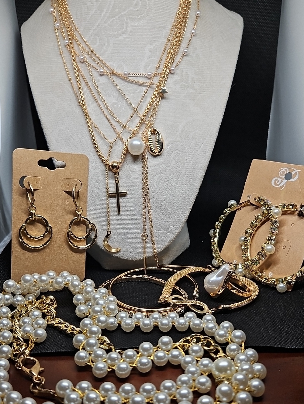 Layered Gold Pearl Charm Necklace with Mixed Pendants
